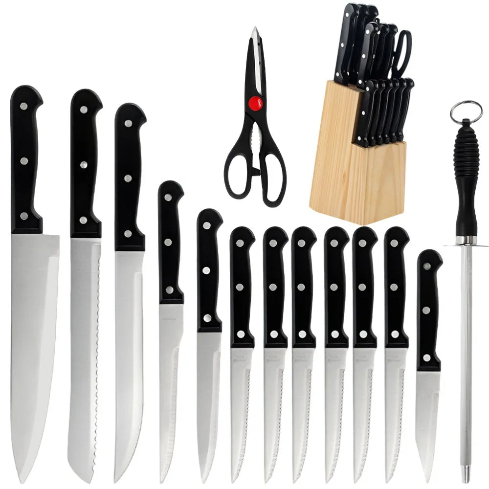 ZENG Full 15pcs Chef Knife Set Stainless Steel Kitchen Knives Sets with Scissors,Sharpening Rod,Solid Wood Holder Cooking Tool